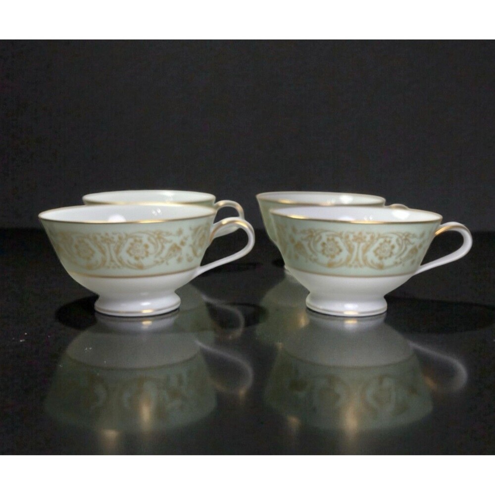 4 Noritake Viscount 6845 Tea Cups Mint Green Gold Scroll Fine China Japan